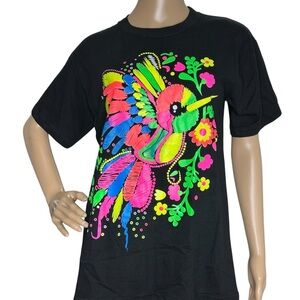 Hene Black T-Shirt with Multi Colored Bird Design medium